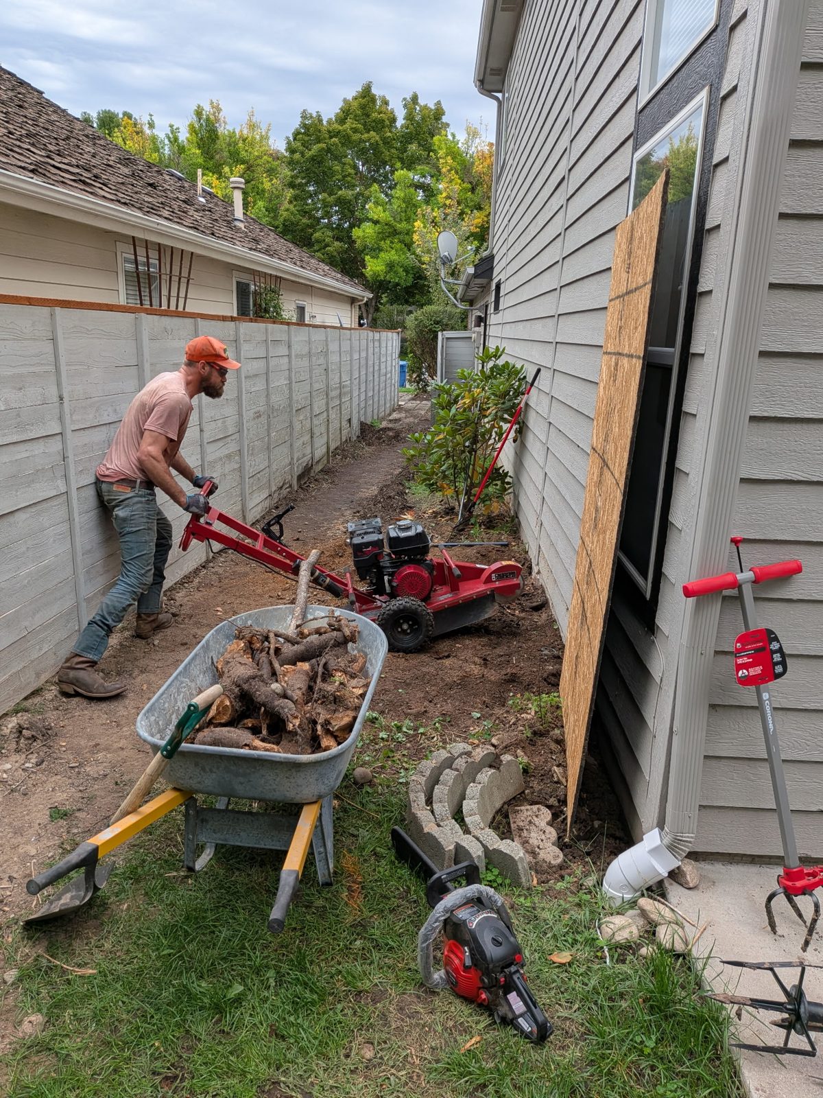 An Idaho TreeSmiths crew member grinding a stump in a narrow side yard, with roots loaded in a wheelbarrow